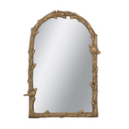 Decorative mirror with a gold leaf branches frame with birds perched on it on a white background