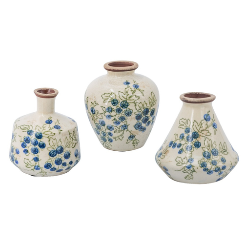 Set of three blueberry ceramic vases with crackle glaze on white background