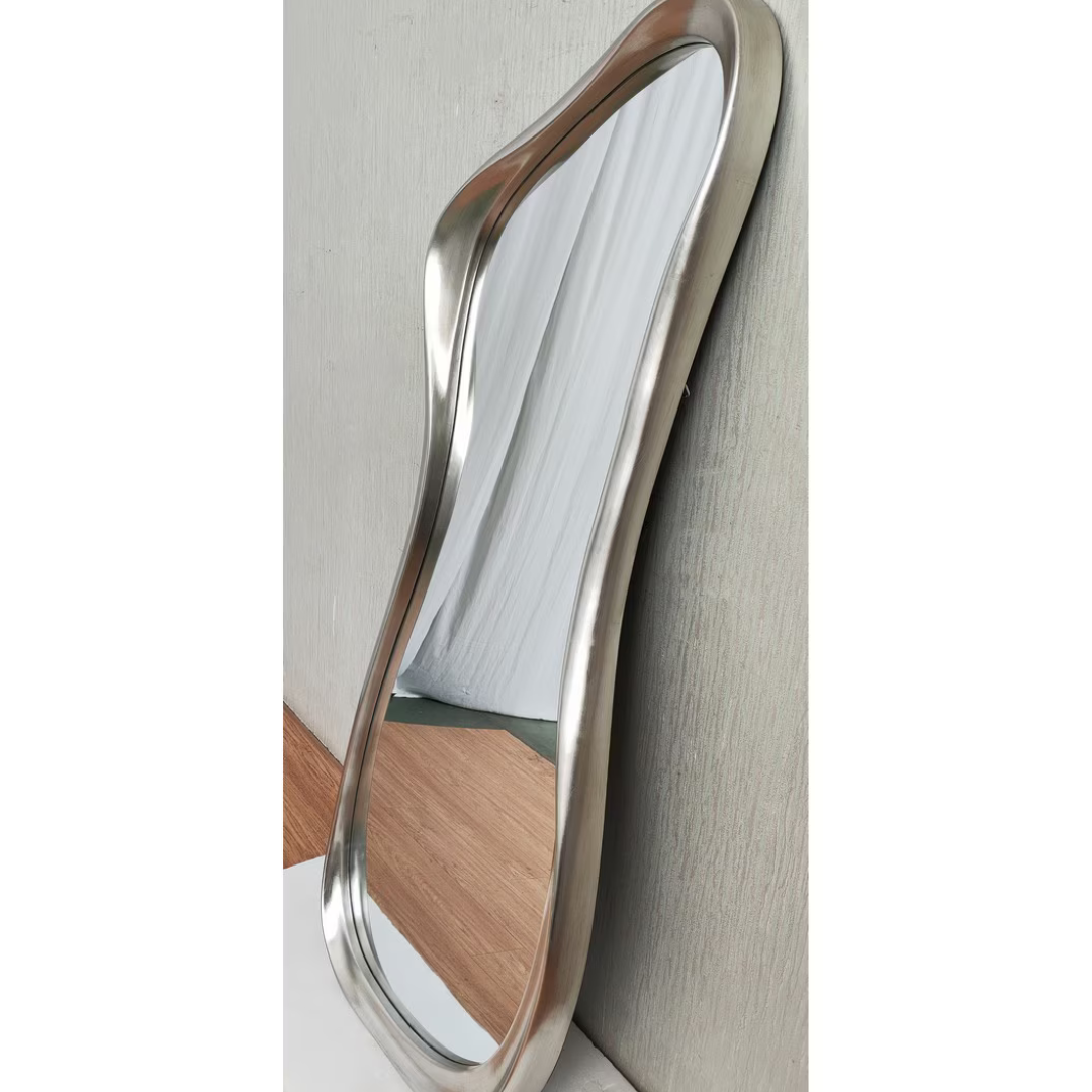 Large silver asymmetric mirror leaning against wall, floor leaning style — Mish Lifestyle NZ