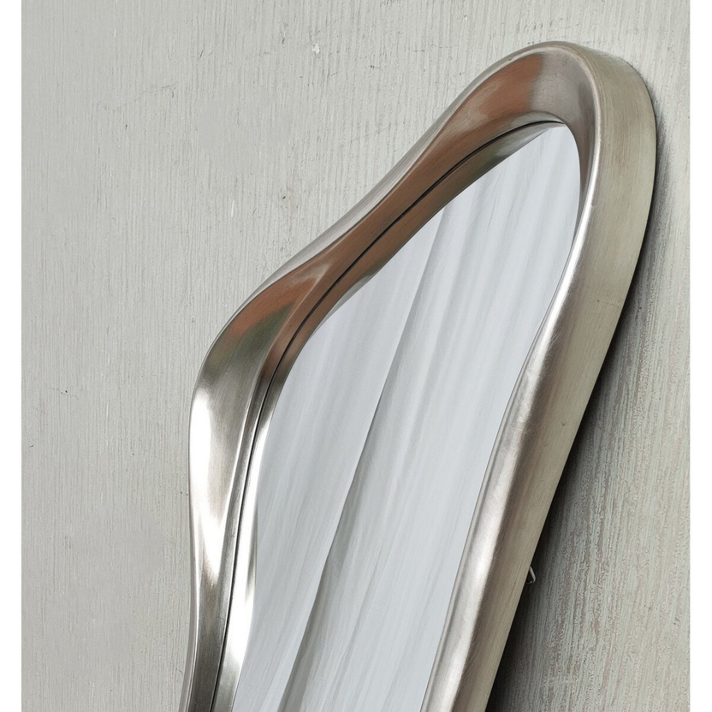 Close-up of brushed silver organic curved frame on asymmetric full length mirror — Mish Lifestyle NZ