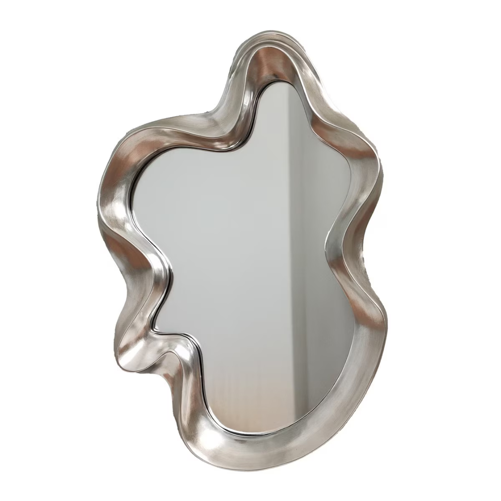 Silver wavy asymmetric wall mirror with sculptural organic polyurethane frame — Mish Lifestyle NZ