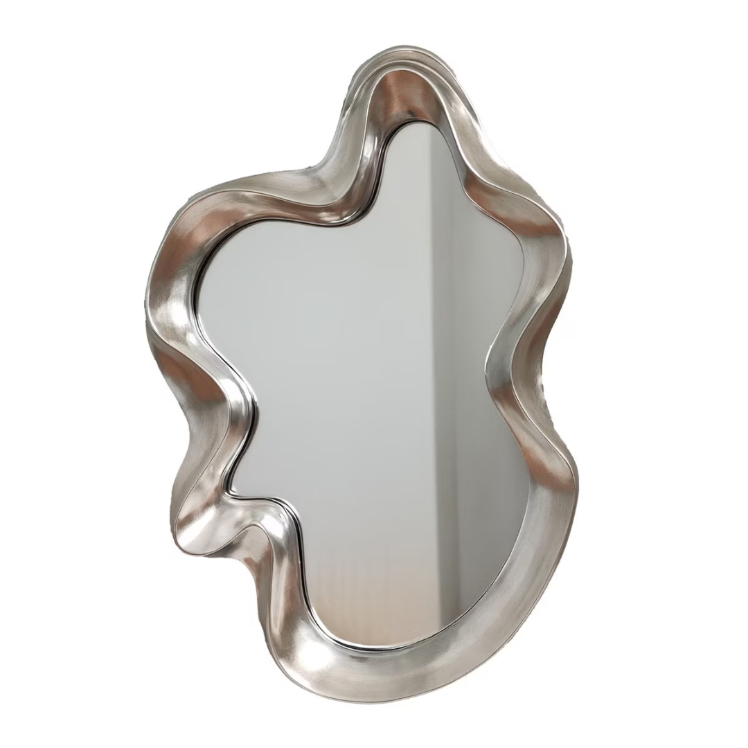 Silver wavy asymmetric wall mirror with sculptural organic polyurethane frame — Mish Lifestyle NZ