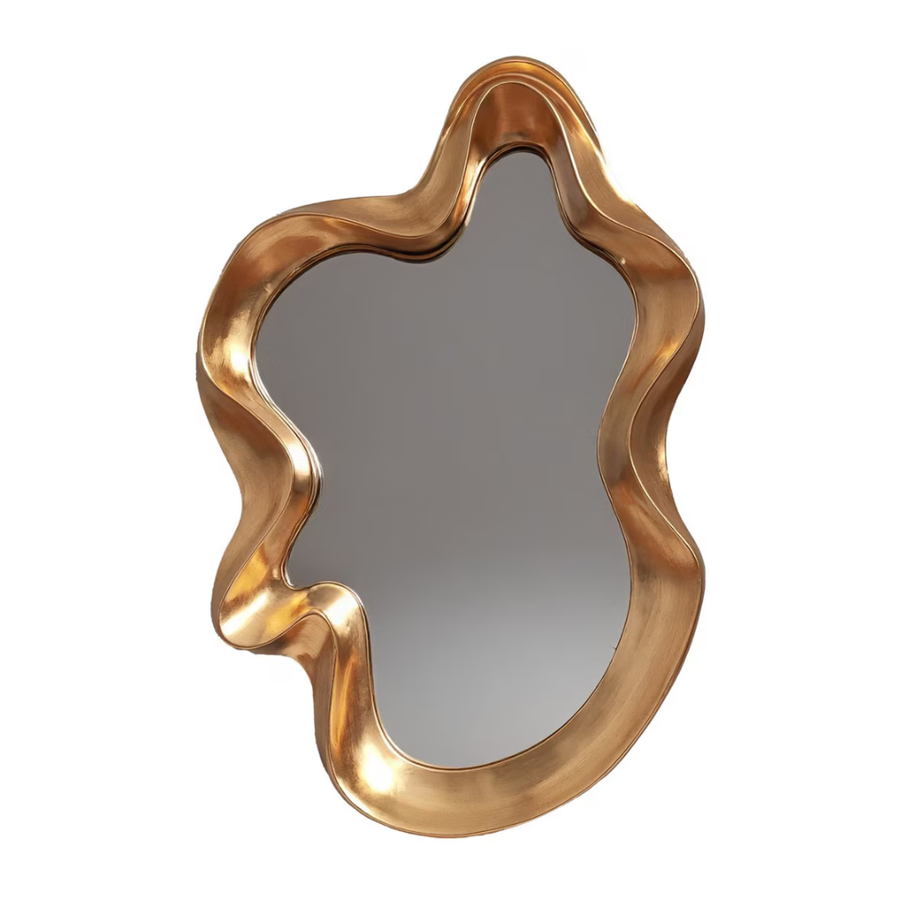 Gold wavy asymmetric wall mirror with sculptural organic polyurethane frame — Mish Lifestyle NZ