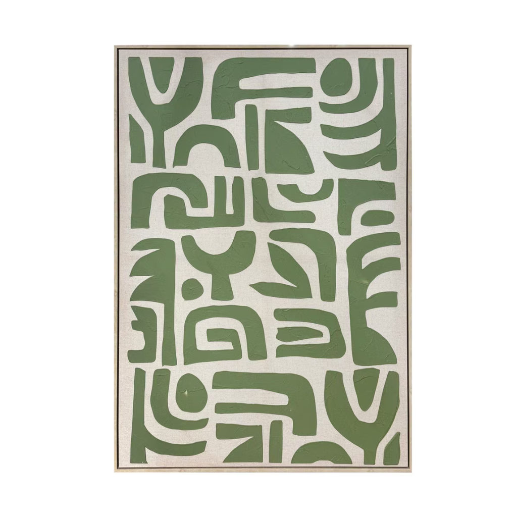 Sage green and cream hand-painted abstract canvas wall art in natural timber float frame — original framed artwork for contemporary home décor. Mish Lifestyle