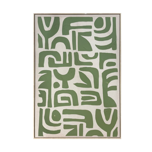 Sage green and cream hand-painted abstract canvas wall art in natural timber float frame — original framed artwork for contemporary home décor. Mish Lifestyle