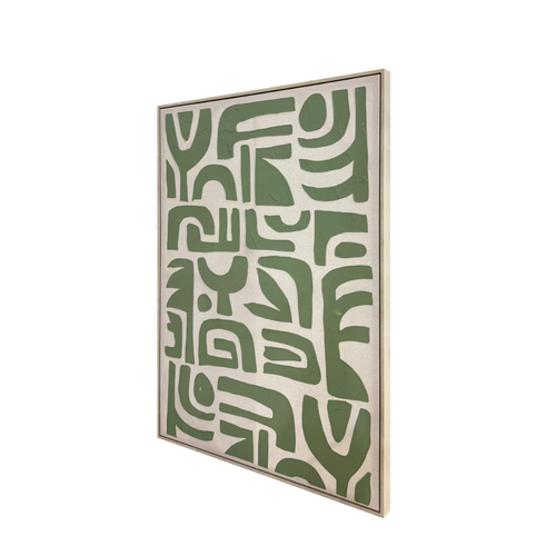 Sage green and cream hand-painted abstract canvas wall art in natural timber float frame — original framed artwork for contemporary home décor