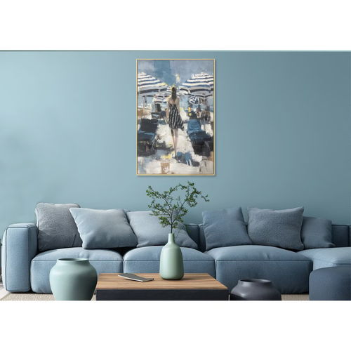 Living room with a blue sofa, decorative vases, and a framed painting on a light blue wall.