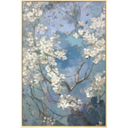 Hand-painted cherry blossom canvas wall art with dimensional white flowers and gold butterfly details on dreamy blue background — framed original artwork in gold timber float frame. Mish Lifestyle