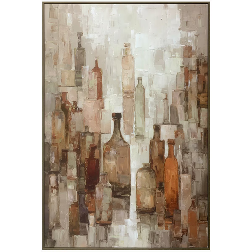 Abstract bottle still life hand-painted canvas wall art in warm amber, taupe and cream tones — framed original artwork in dark bronze float frame for dining room and home bar décor. Mish Lifestyle