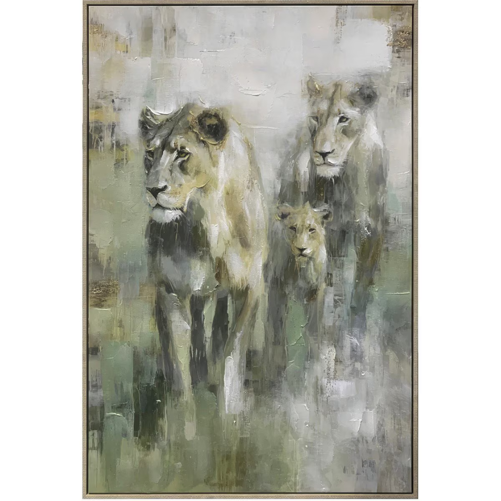 Hand-painted lion family canvas wall art featuring two lionesses and a cub in sage green, grey and gold — framed original wildlife artwork in champagne silver float frame