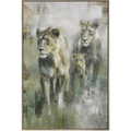Hand-painted lion family canvas wall art featuring two lionesses and a cub in sage green, grey and gold — framed original wildlife artwork in champagne silver float frame