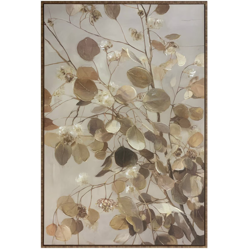 Hand-painted botanical leaf canvas wall art featuring luminous gold and bronze eucalyptus leaves with delicate dried floral accents — original artwork in ornate dark bronze and gold frame. Mish Lifestyle
