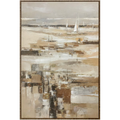 Abstract coastal seascape hand-painted canvas wall art with white sailboats on misty horizon in warm sandy neutrals and gold — framed original artwork in ornate dark bronze and gold frame. - Mish Lifestyle