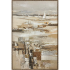 Abstract coastal seascape hand-painted canvas wall art with white sailboats on misty horizon in warm sandy neutrals and gold — framed original artwork in ornate dark bronze and gold frame. - Mish Lifestyle