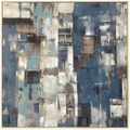 Abstract urban cityscape hand-painted canvas wall art in deep navy, teal, white and bronze with gold accents — framed original artwork in natural timber float frame. Mish Lifestyle