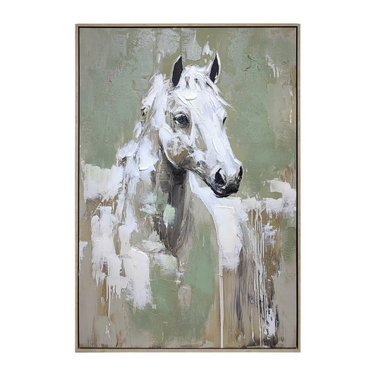 Framed painting of a white horse on a textured green background