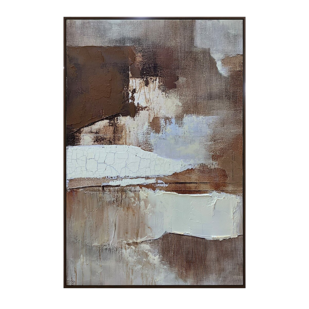 Abstract art painting with brown, beige, and white colors on a white background