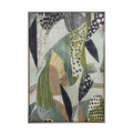 Abstract art print with green. black, white geometric shapes and patterns on a white background