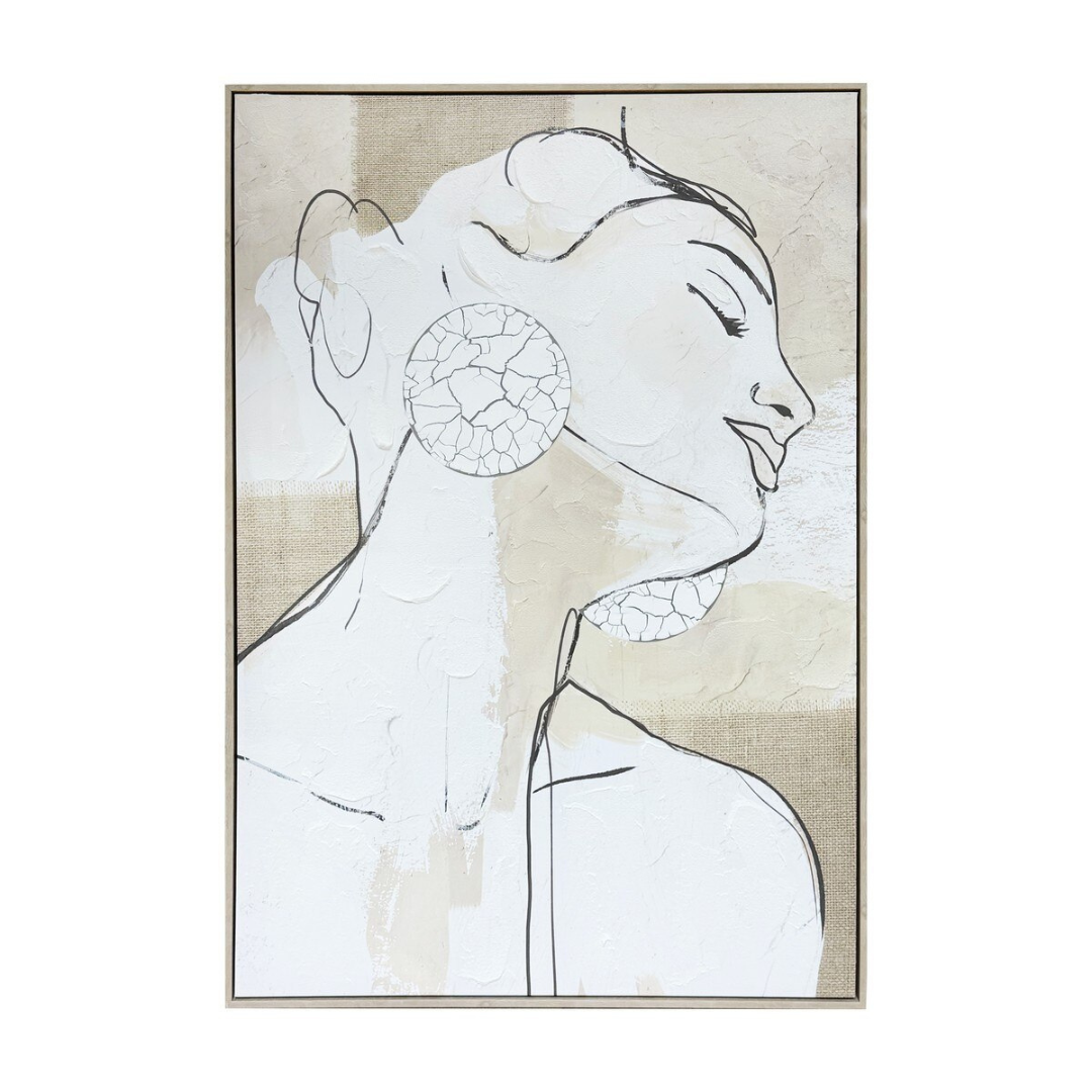 Abstract art of a woman's face with cracked patterns on a beige background