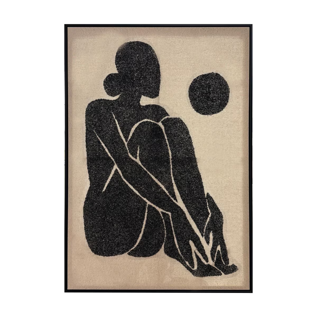 Silent Grace Hand-painted Framed Canvas Art- woman sitting on the floor with her legs bought up to her body. she is painted in black against a light brown canvas