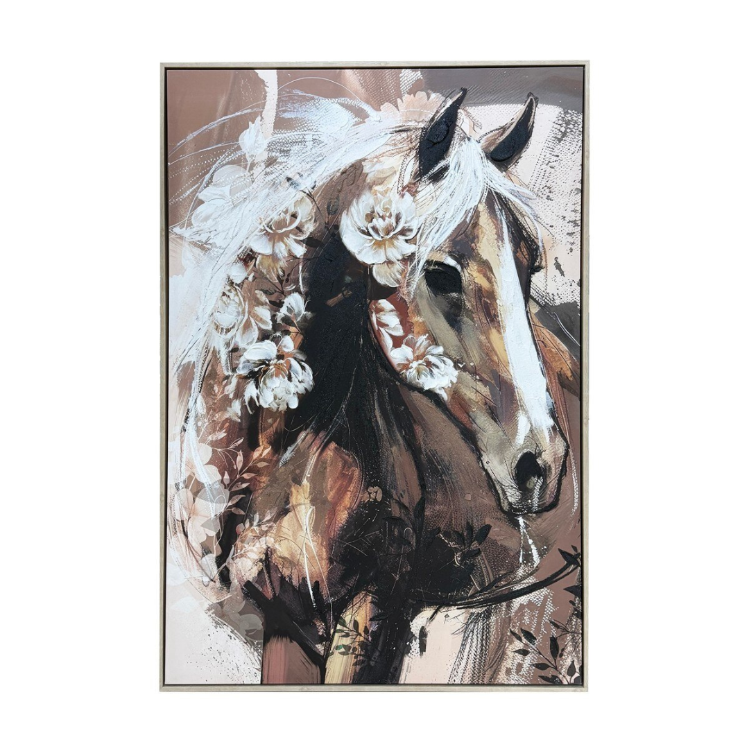 Framed artwork of a horse with floral elements on a white background