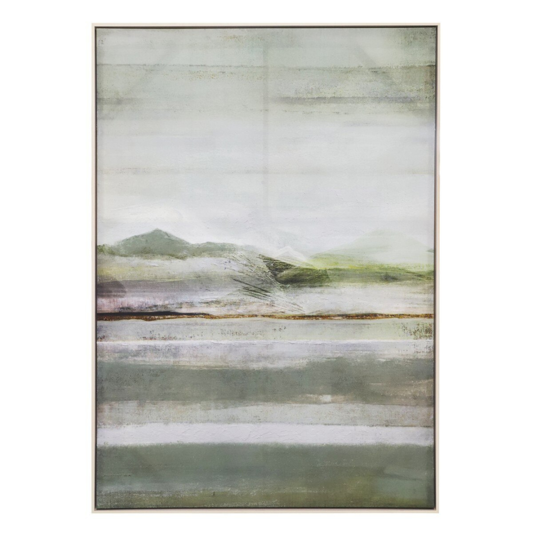 Abstract landscape painting with soft green and brown tones on a white background