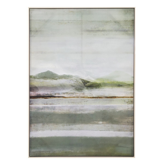 Abstract landscape painting with soft green and brown tones on a white background