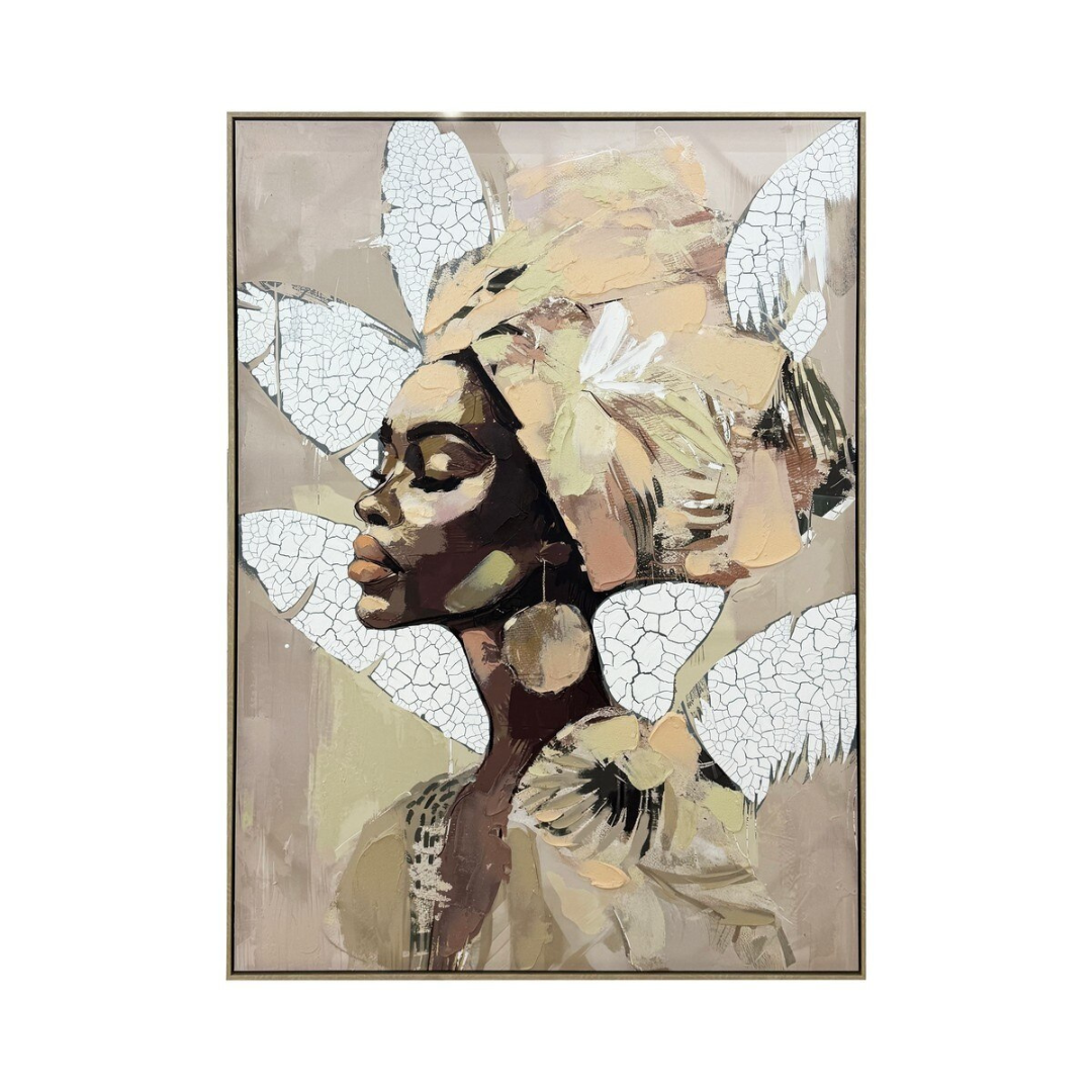Abstract artwork with a central lady figure surrounded by floral elements on a beige background