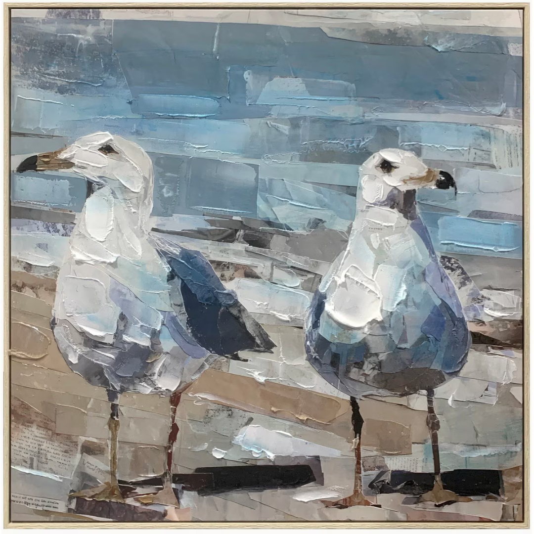 Two seagulls on a textured blue and gray background