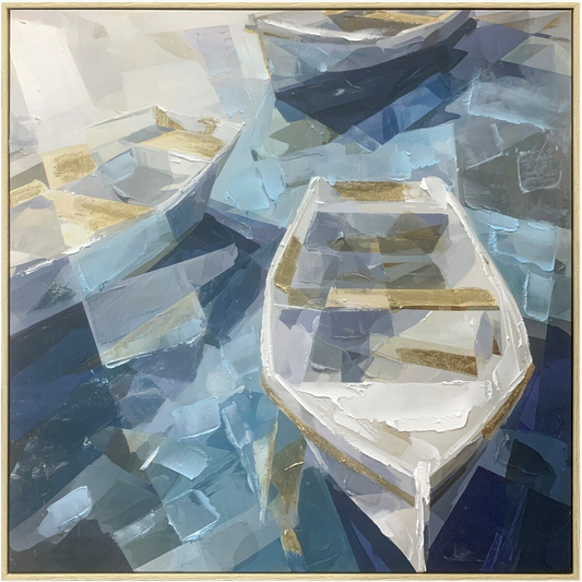 Abstract artwork of two boats on a reflective water surface with geometric patterns.