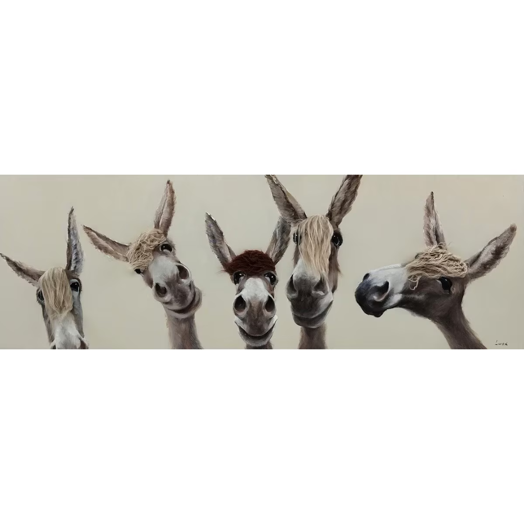 Five donkeys with various expressions on a beige background