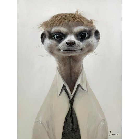Artistic depiction of a meerkat wearing a shirt and tie on a plain background