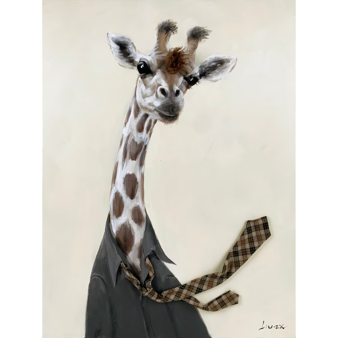 Giraffe wearing a suit with a plaid tie on a beige background