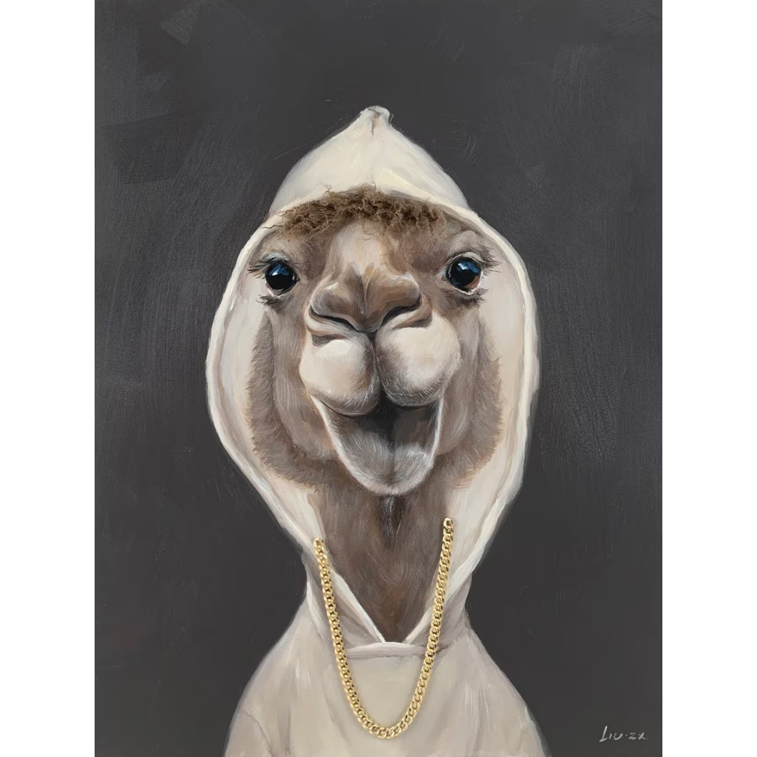 Llama wearing a hoodie with a gold chain on a dark background