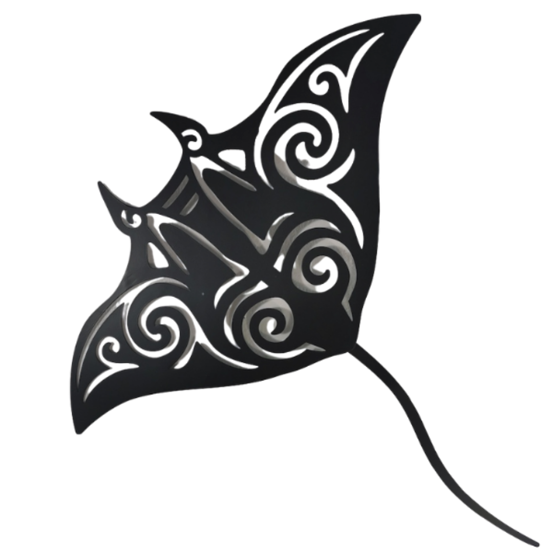 Māori tribal stingray laser-cut black metal wall art with koru spiral patterns — New Zealand Pacific wall sculpture for home décor