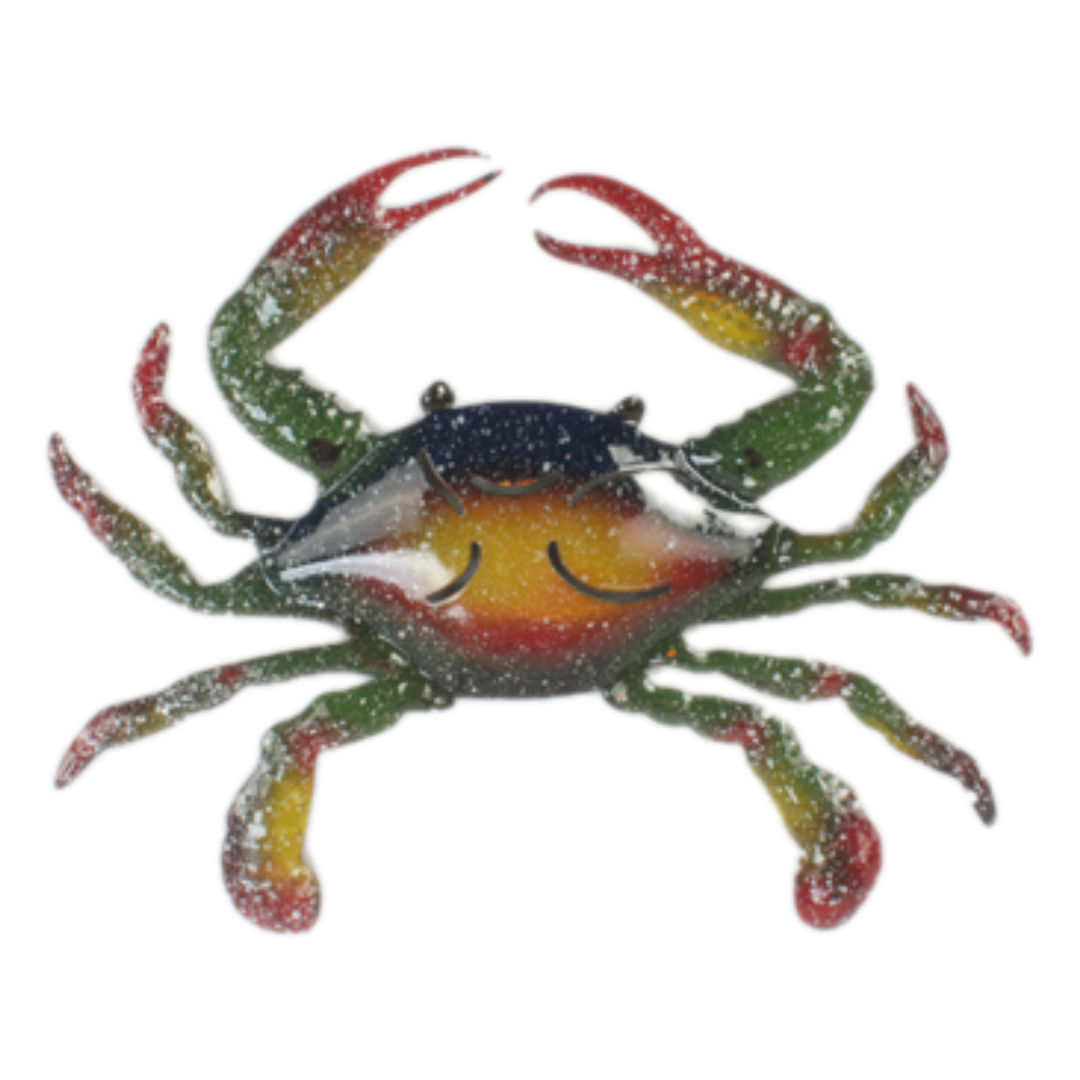 Colourful crab metal wall art in navy, red, green and gold — coastal ocean wall sculpture for beach house and nautical décor