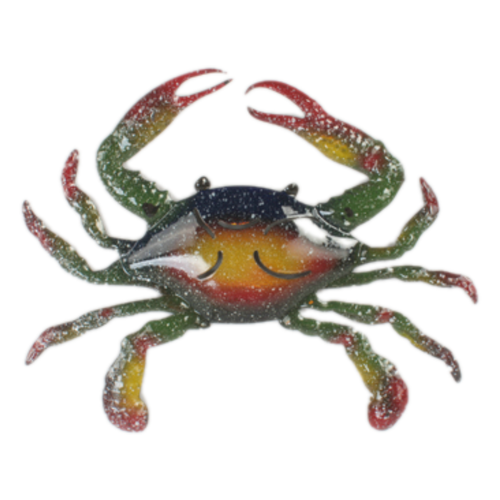 Colourful crab metal wall art in navy, red, green and gold — coastal ocean wall sculpture for beach house and nautical décor