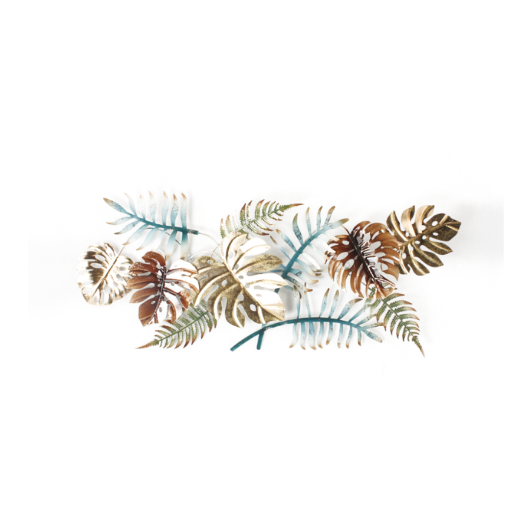 Tropical ferns and monstera leaves metal wall art in bronze, gold and teal — wide format botanical wall sculpture for home décor