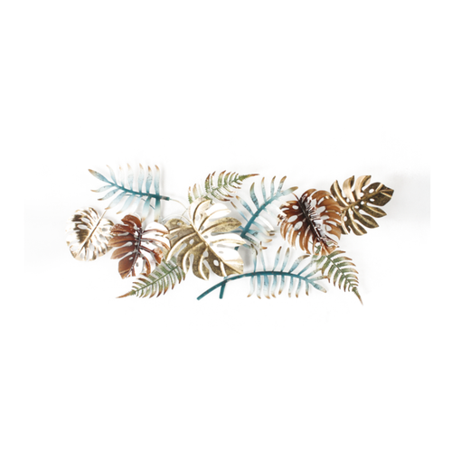 Tropical ferns and monstera leaves metal wall art in bronze, gold and teal — wide format botanical wall sculpture for home décor