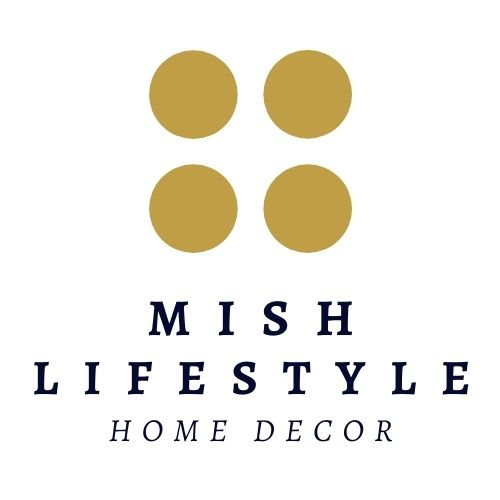 Mish Lifestyle Home Decor Logo 4 Gold Circles and Navy Blue Writing