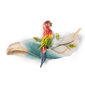 Tropical parrot on leaf metal wall art in red, green, teal and gold — colourful bird wall sculpture for home décor