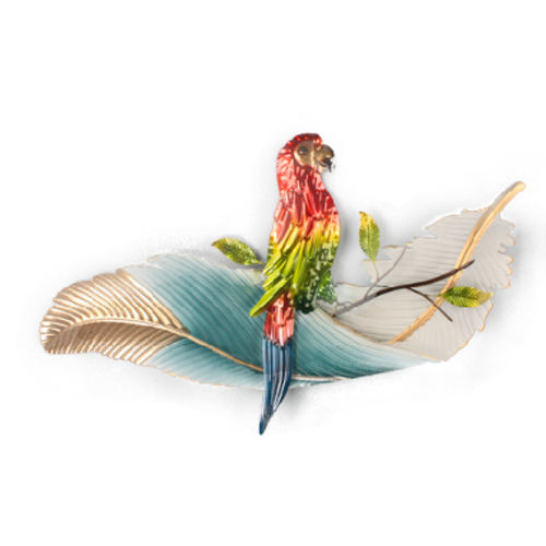Tropical parrot on leaf metal wall art in red, green, teal and gold — colourful bird wall sculpture for home décor