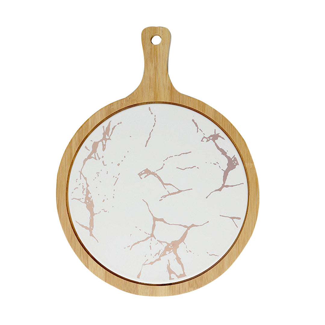 White Round Slate Stone Wooden Serving Tray with Handle - 30cm