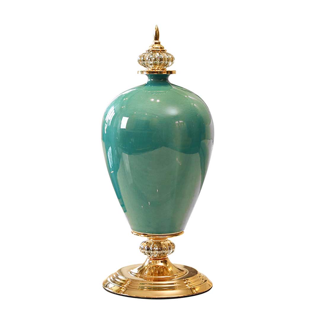 Green Ceramic Oval Flower Vase with Gold Metal Base - 42cm tall
