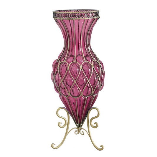 Purple Glass Tall Floor Vase with Metal Flower Stand - 67cm tall