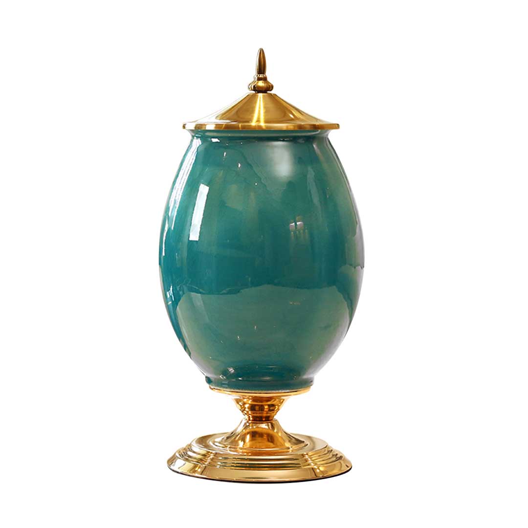Green Ceramic Oval Flower Vase with Gold Metal Base - 40cm tall