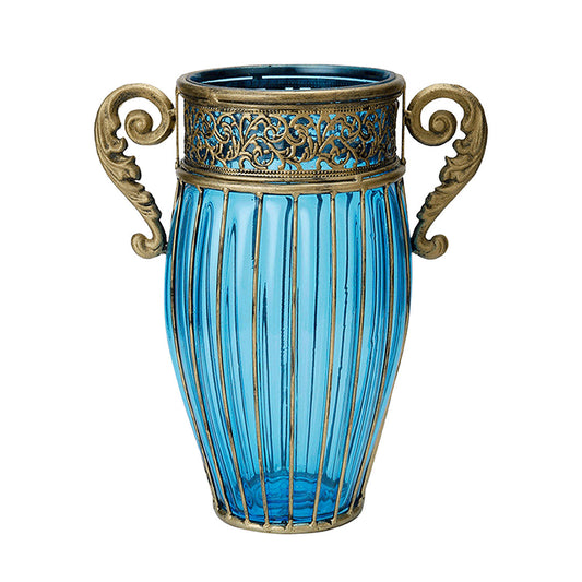 European Glass Jar Flower Vase with Two Metal Handles - Blue
