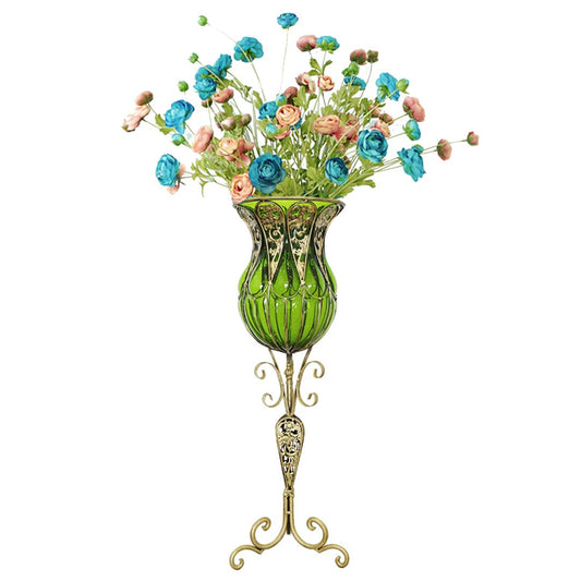 Green Glass Tall Floor Vase with 12pcs Artificial Blue Flower Set - 85cm tall