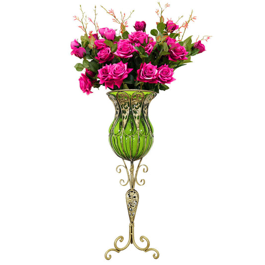 Tall Green Glass Floor Vase and 12pcs Dark Pink Artificial Flower Set - 85cm tall