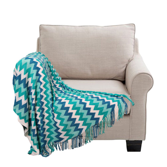  Zigzag Striped Acrylic Wave Knitted Throw Blanket Fringed - Blue
